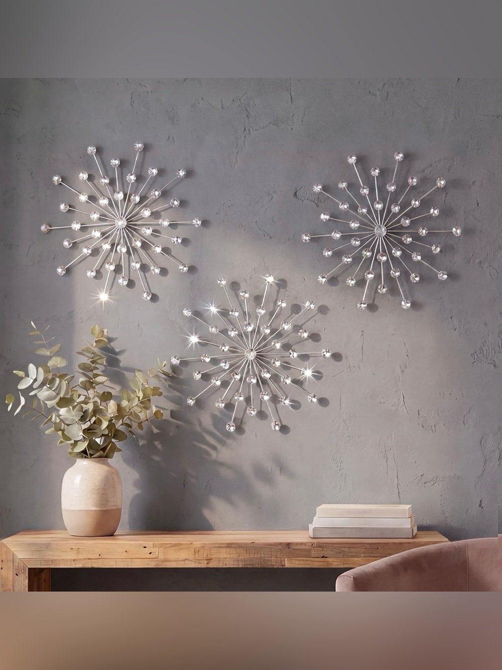 3 Set Silver Starburst Wall Art Decor Metal Bling Crystal Rhinestone crystal